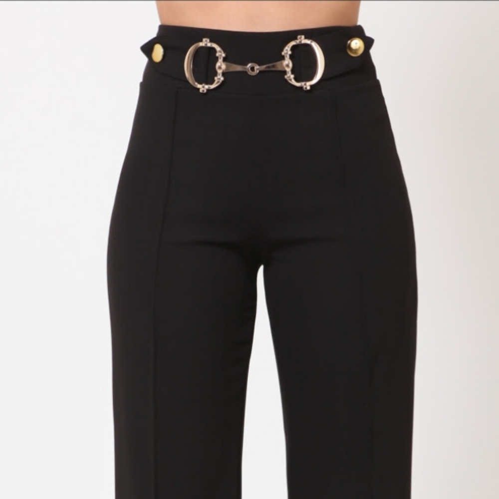 NEW IN PACK- BLACK DRESS PANTS W/HARDWARE-STRETCH. GREAT FOR FALL. 34" INSEAM